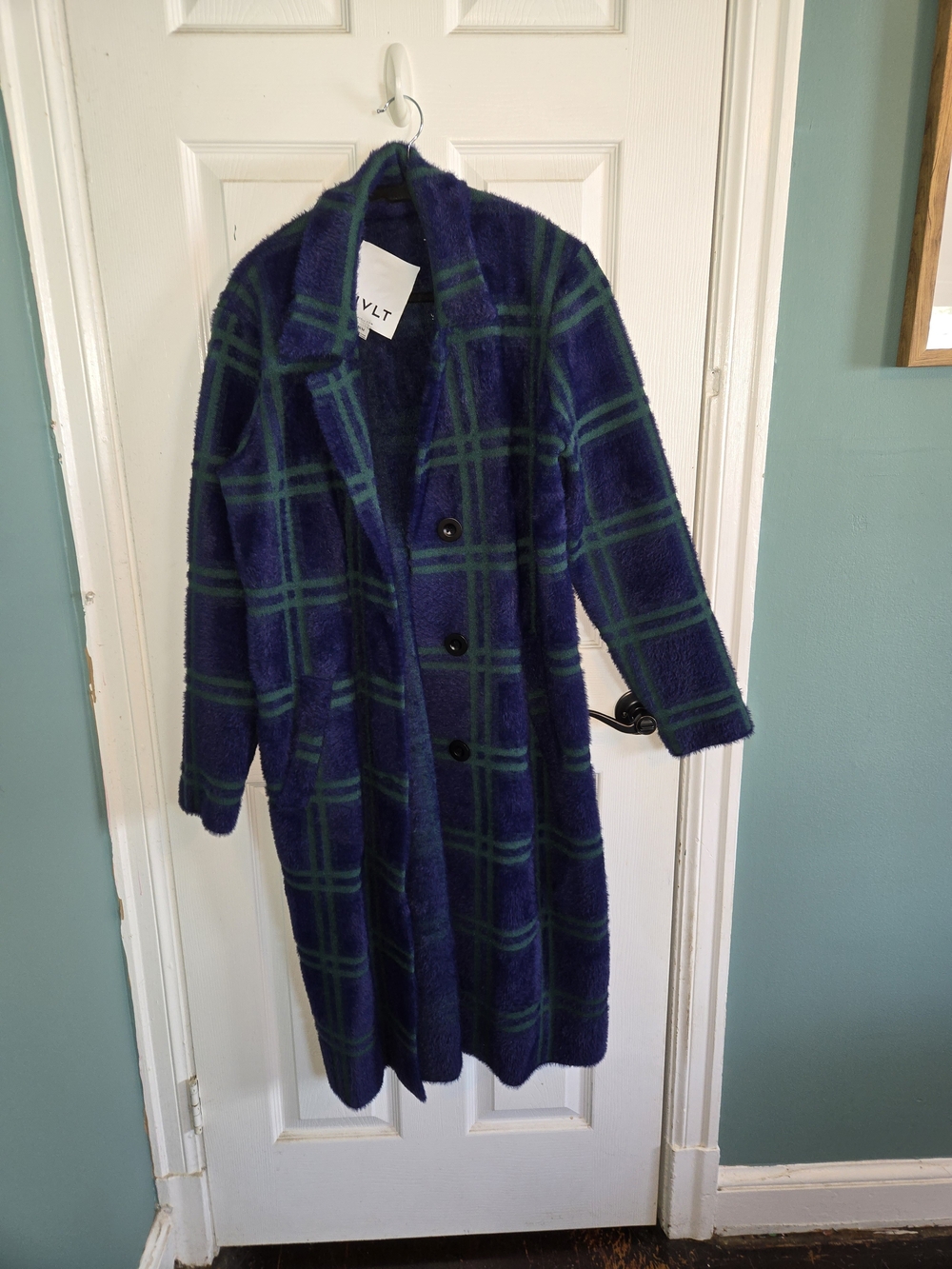 NVLT Plaid Long Sweater Coat in Navy & Green -